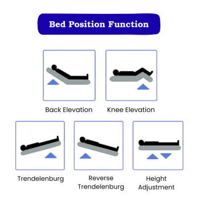 Bed position function illustration showing back elevation, knee elevation, Trendelenburg, and height adjustment.